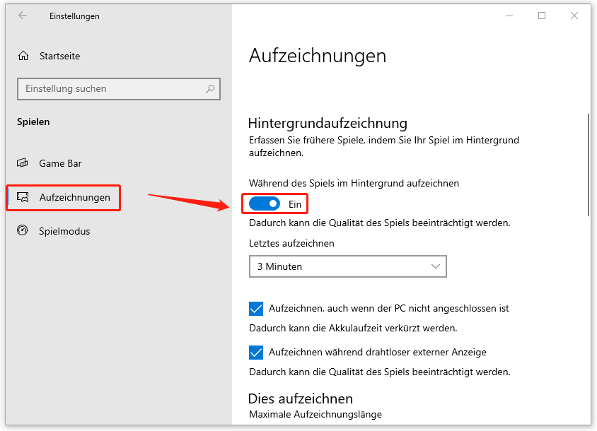 „Während des Spiels im Hintergrund aufzeichnen“ in den Windows-Einstellungen aktivieren