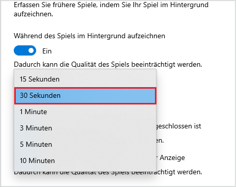 „30 Sekunden“ im Menü „Letzte aufzeichnen“ auswählen