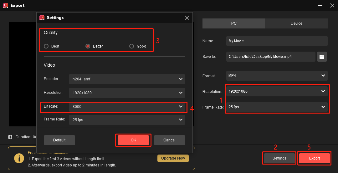 MiniTool MovieMakerで動画の解像度、フレームレート、画質とビットレートを設定する