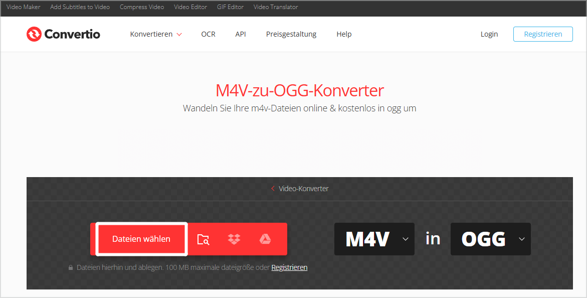 klicken Sie bei Convertio zum Videoupload auf „Dateien wählen“