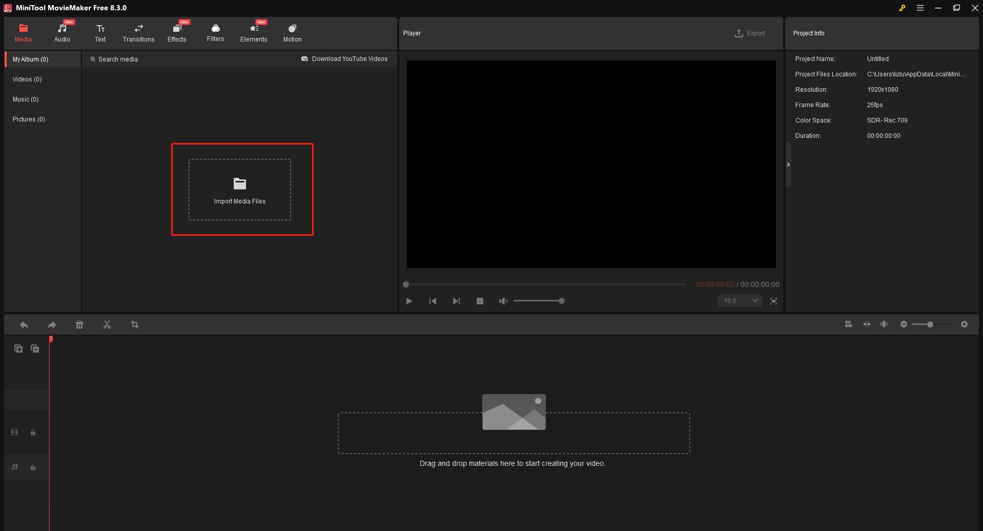 MiniTool MovieMakerで「Import Media Files」ボタンをクリックする