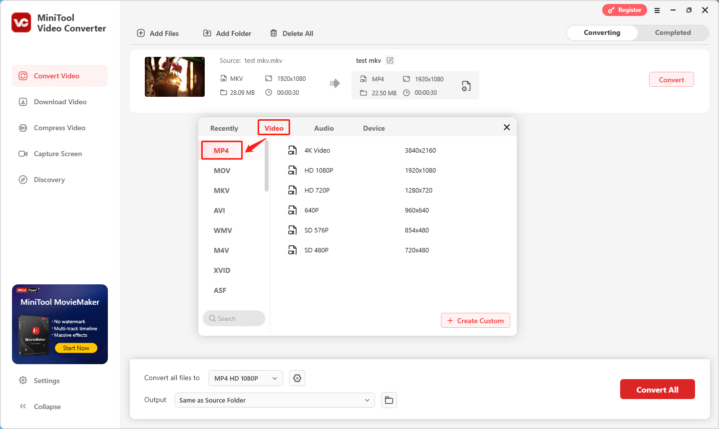 MP4 auf der Registerkarte „Video“ als Ausgabeformat festlegen