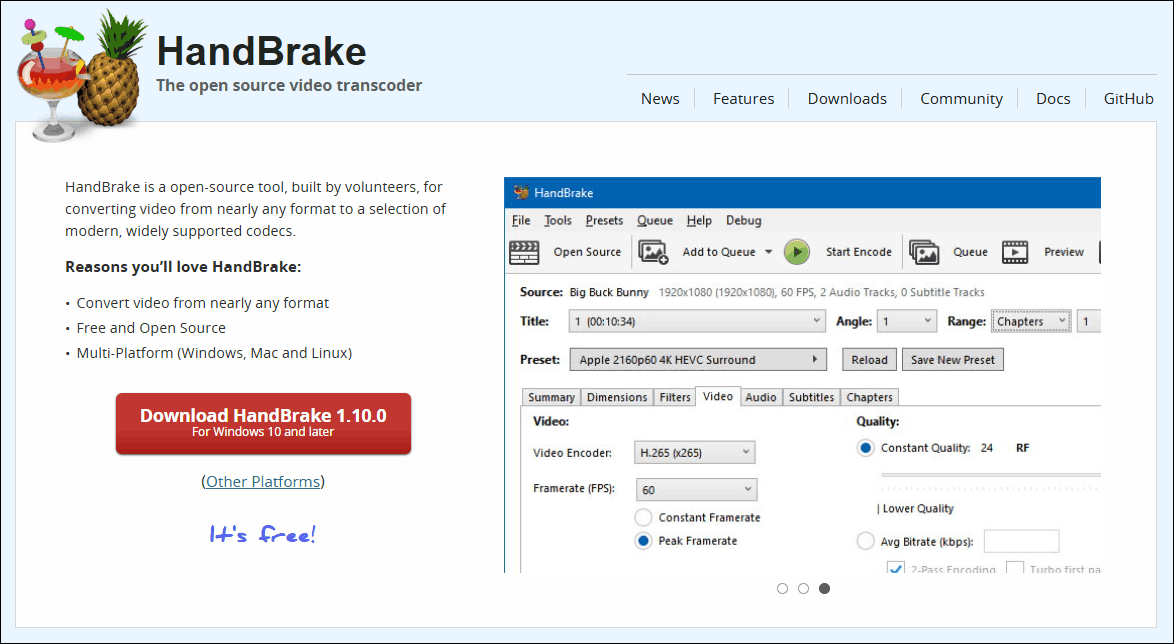 The website interface of HandBrake