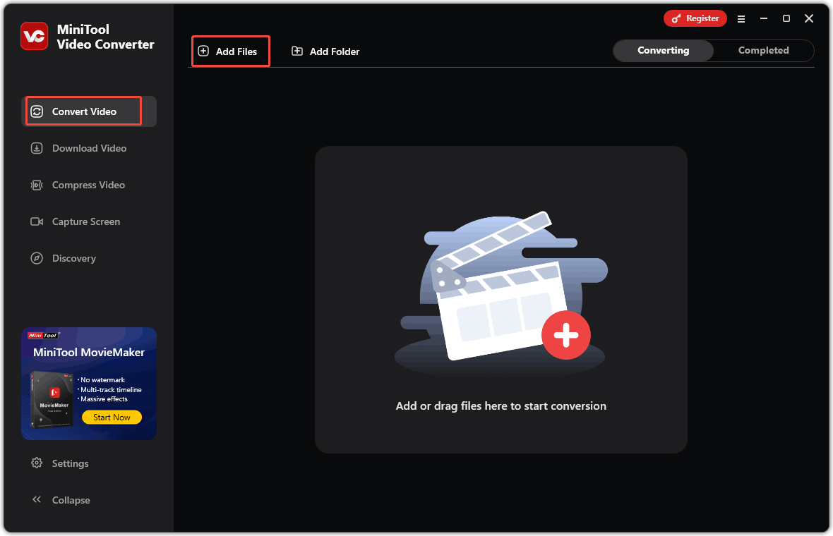 Click Add Files in MiniTool Video Converter’s Convert Video tab