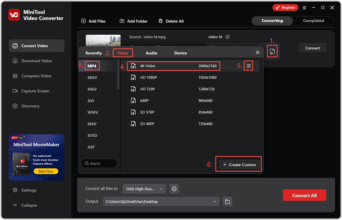 In MiniTool Video Converter’s convert video settings window, customize the output MP4 video format