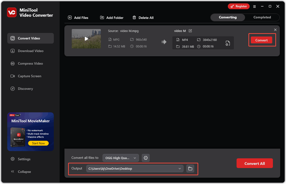 In MiniTool Video Converter, choose a storage location and click on the Convert button to start the conversion