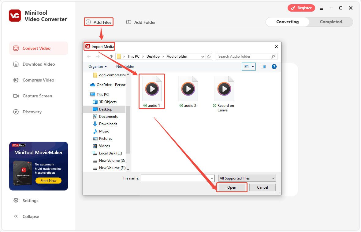 In MiniTool Video Converter, click Add Files, select the OGG file from the Import Media window, and click on Open