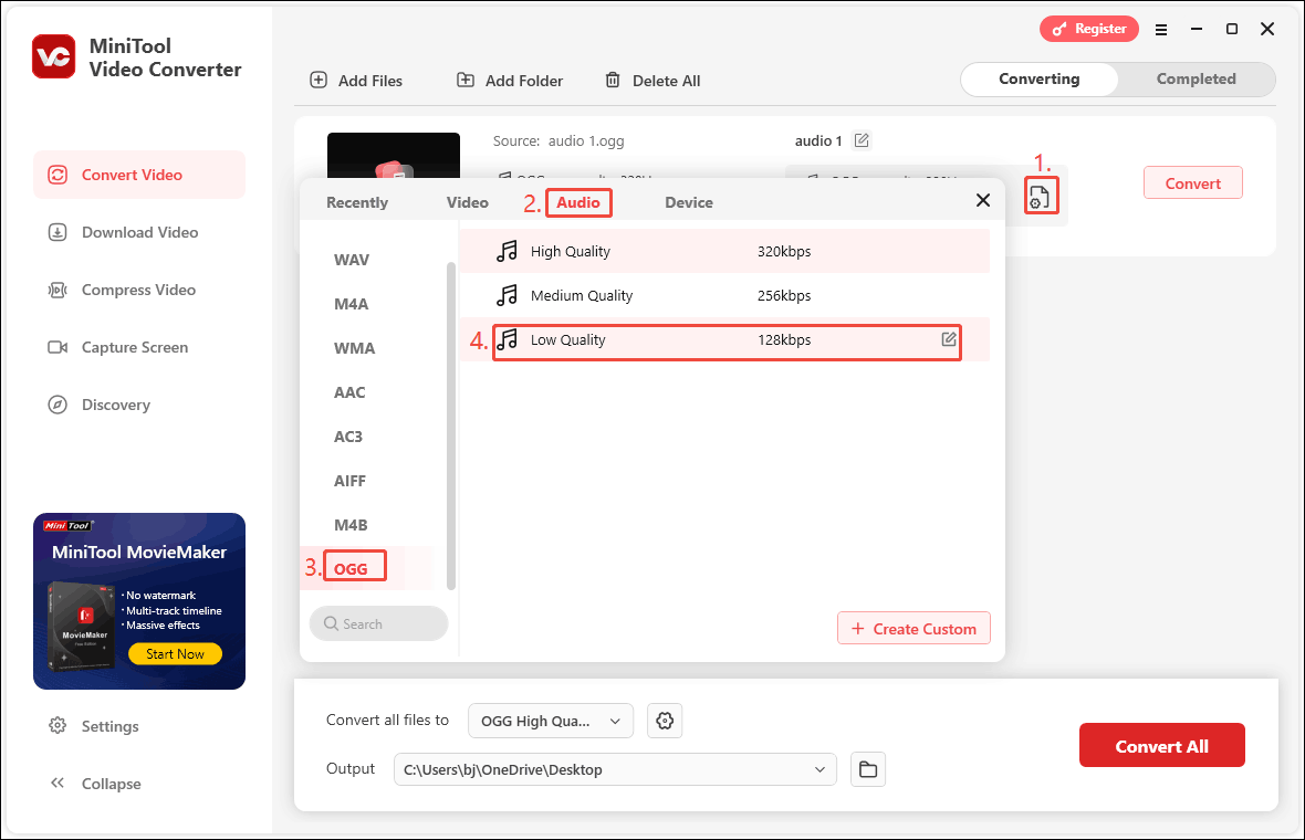 In MiniTool Video Converter, click the output settings icon, choose the Audio tab, choose OGG output format, and select the Lower Quality option