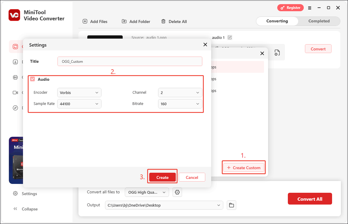 In MiniTool Video Converter’s output settings window, click the + Create Custom option to access the Settings popup, personalize the audio encoder, channel, sample rate, and bitrate, and click Create to save the changes
