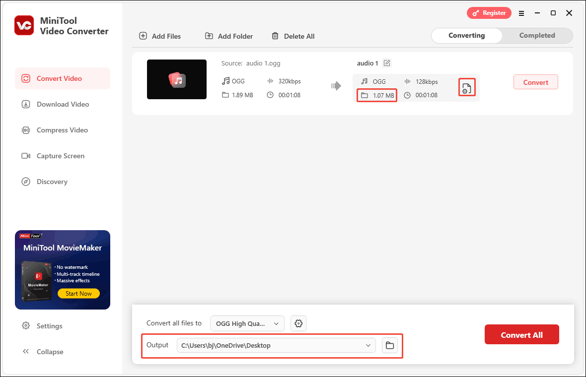 In MiniTool Video Converter, click the output settings icon again to reset the output format and parameters, expand the Output option to choose the save location, and click Convert