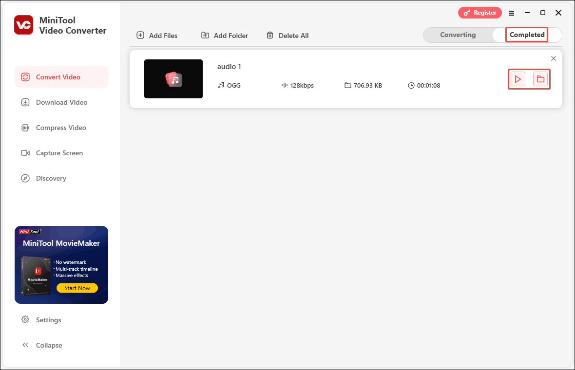 In MiniTool Video Converter, click the play icon to listen to the converted audio and click the folder icon to locate it