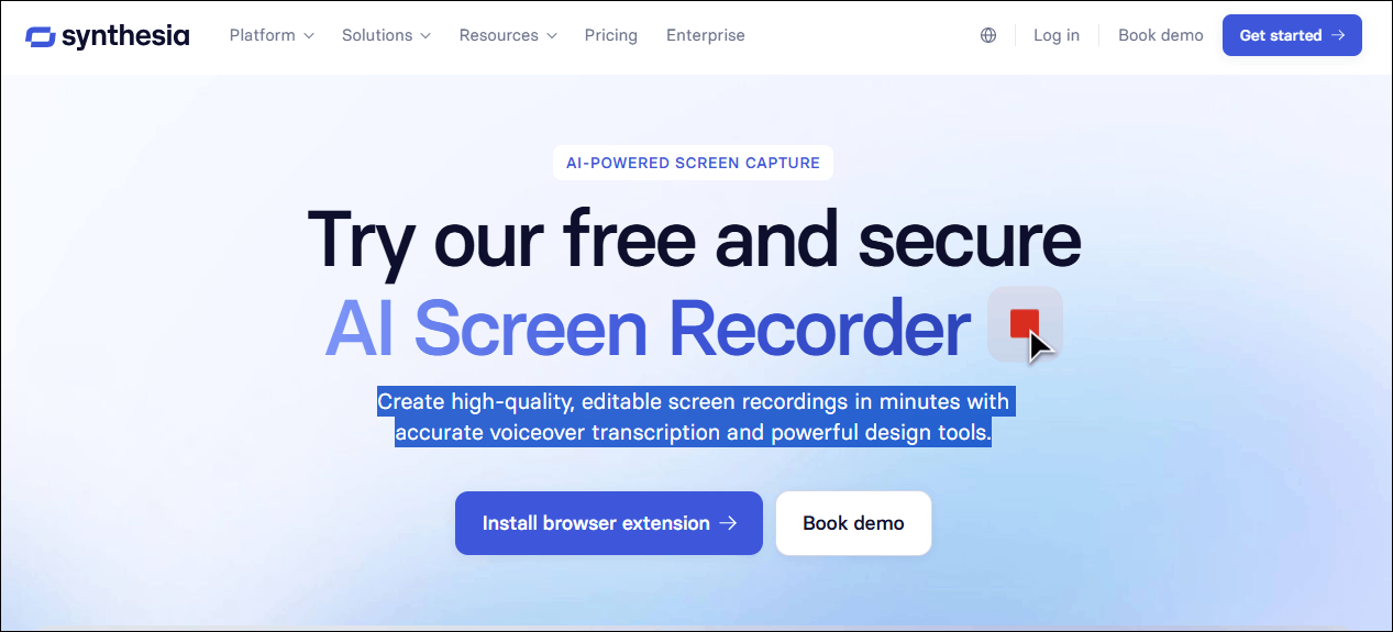 The website homepage of Synthesia’s AI Screen Recorder
