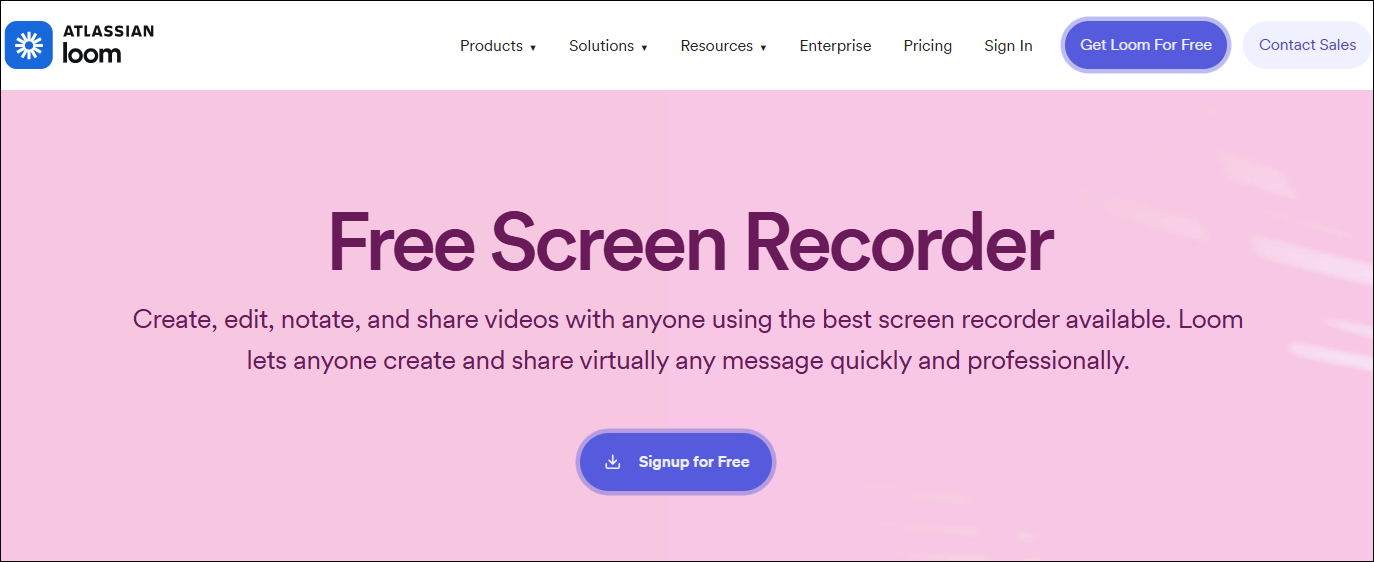 The website homepage of Loom Screen Recorder
