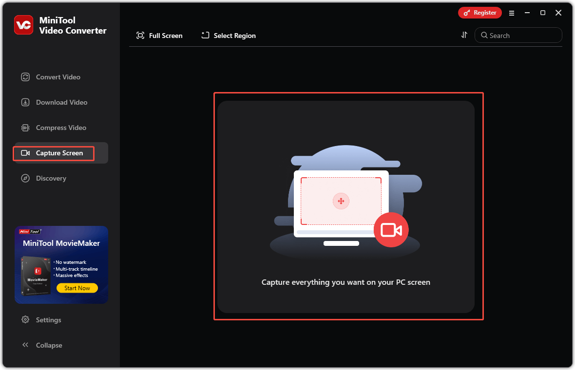 In MiniTool Video Converter, click on the Capture Screen tab and click the Capture everything you want on your PC screen area to open the MiniTool Screen Recorder window