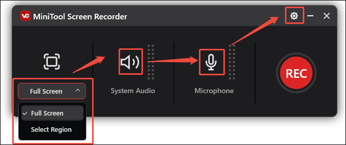 In MiniTool Screen Recorder window, click the Full Screen option to choose recording area, click on the System Audio and Microphone option to choose whether to record them, and click on the settings icon