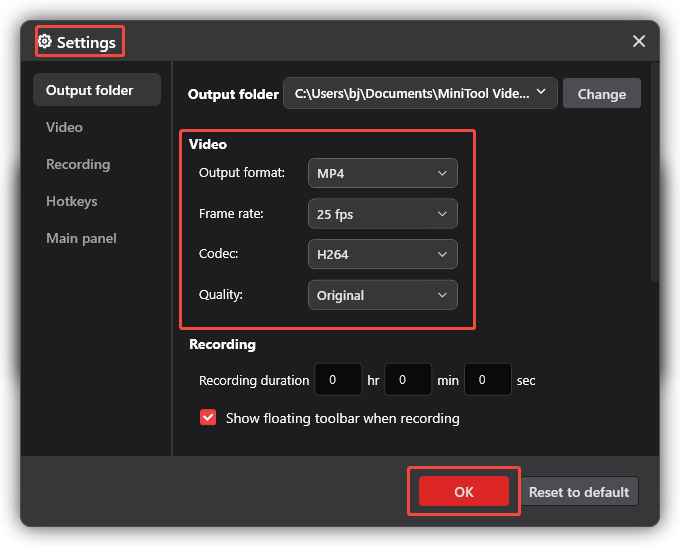 In MiniTool Video Converter’s Settings window, customize the recorded video’s parameters, and click the OK button