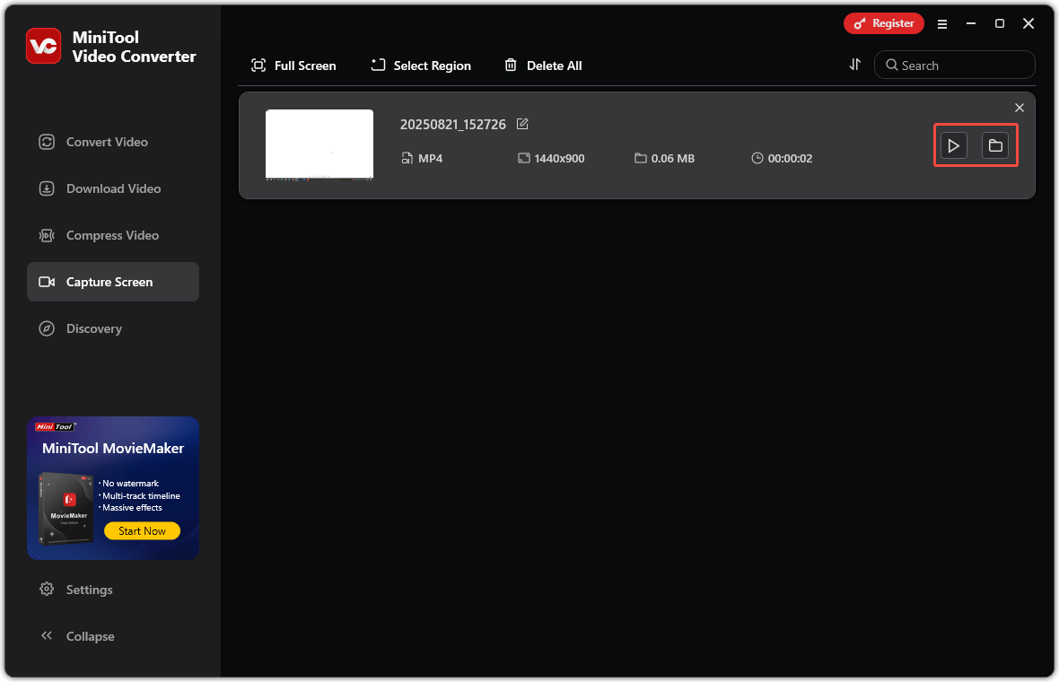 In MiniTool Video Converter, click on the play icon to view the recorded presentation video or click on the folder icon to locate it on your computer