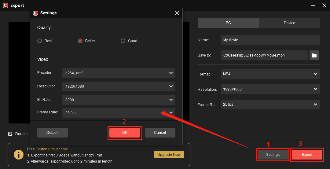 MiniTool MovieMakerで出力動画を設定する