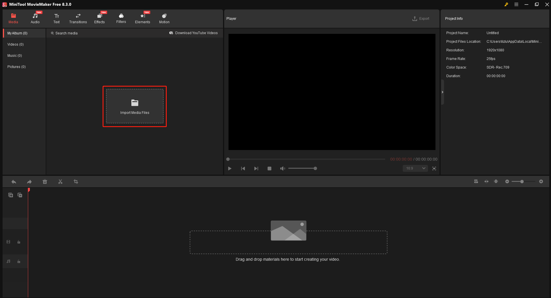 MiniTool MovieMakerで「Import Media Flies」をクリックして、録画したお絵描きをインポートする