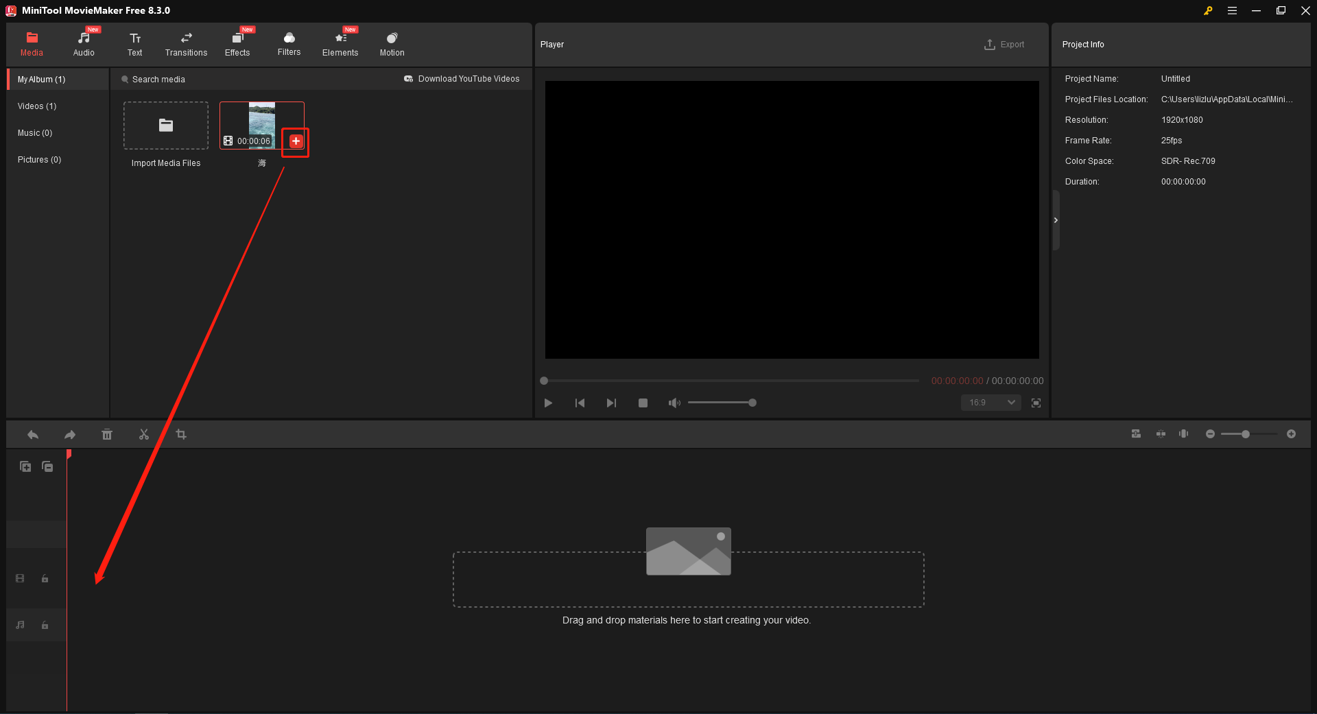 MiniTool MovieMakerで動画サムネイルの「+」アイコンをクリックしてタイムラインに追加する
