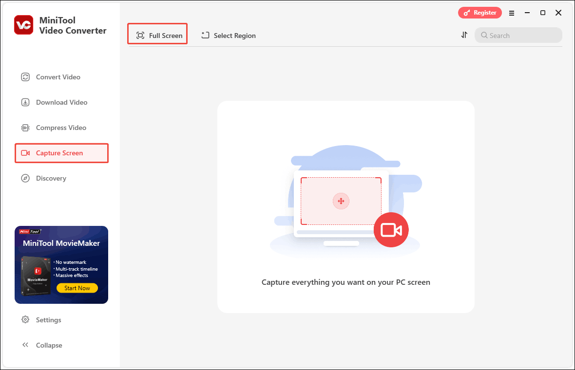 Click on the Capture Screen tab and click on the Full Screen option in MiniTool Video Converter