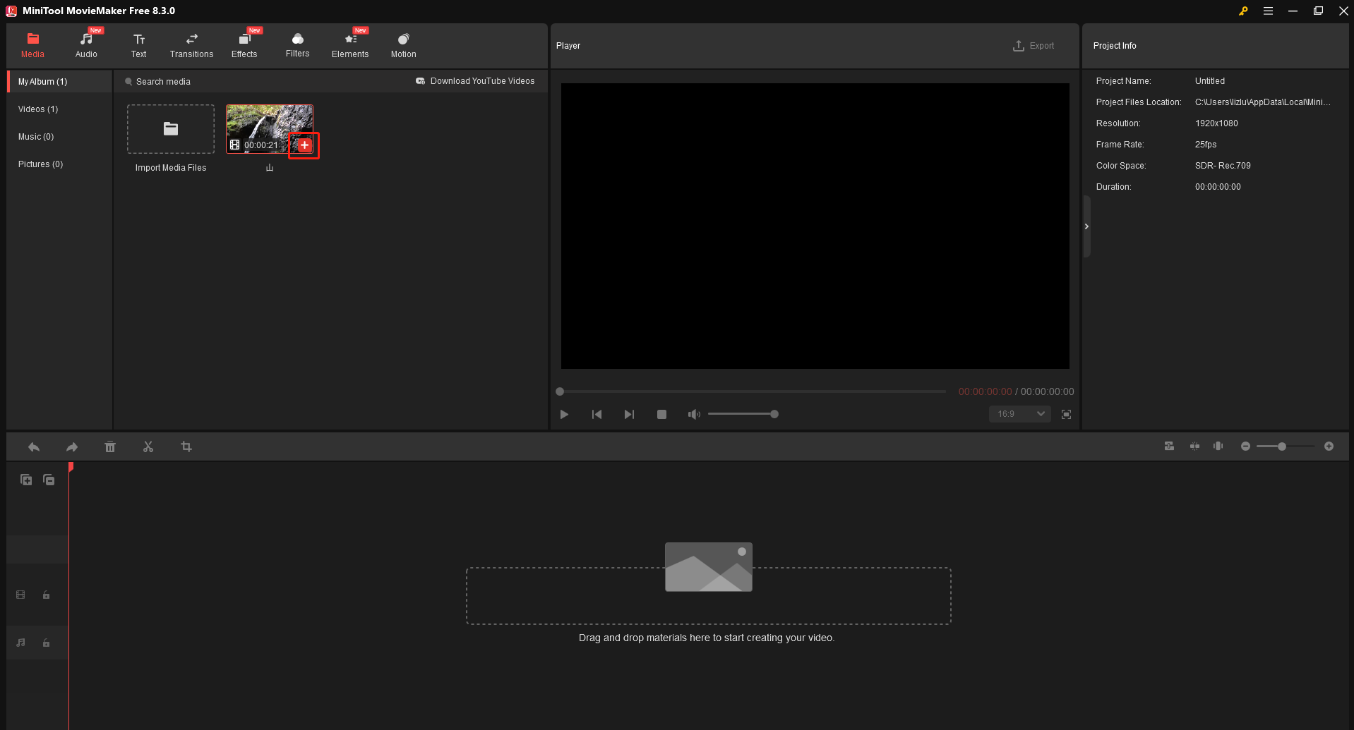 MiniTool MovieMakerでプラスアイコンをクリックする