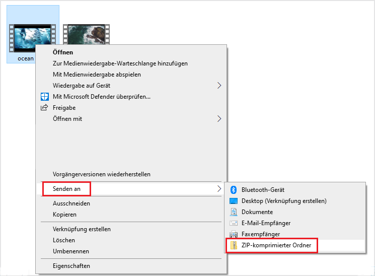 die Option „Senden an“ und anschließend „ZIP-komprimierter Ordner“ im Kontextmenü wählen