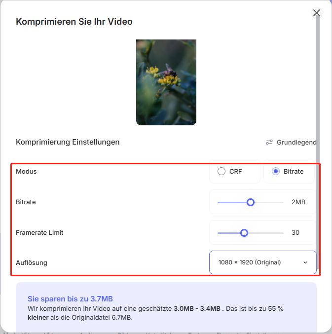 Komprimierungsmodus und Auflösung im Popup-Fenster ändern