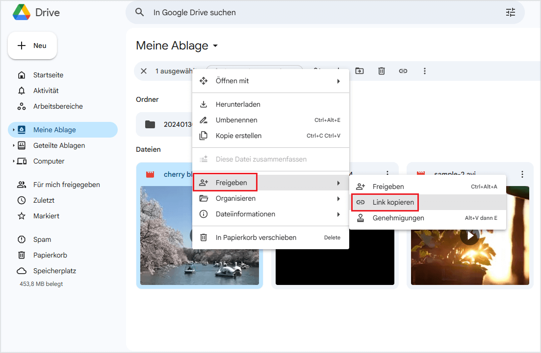 auf das auf Google Drive hochgeladene Video rechtsklicken und „Freigeben“ und „Link kopieren“ wählen