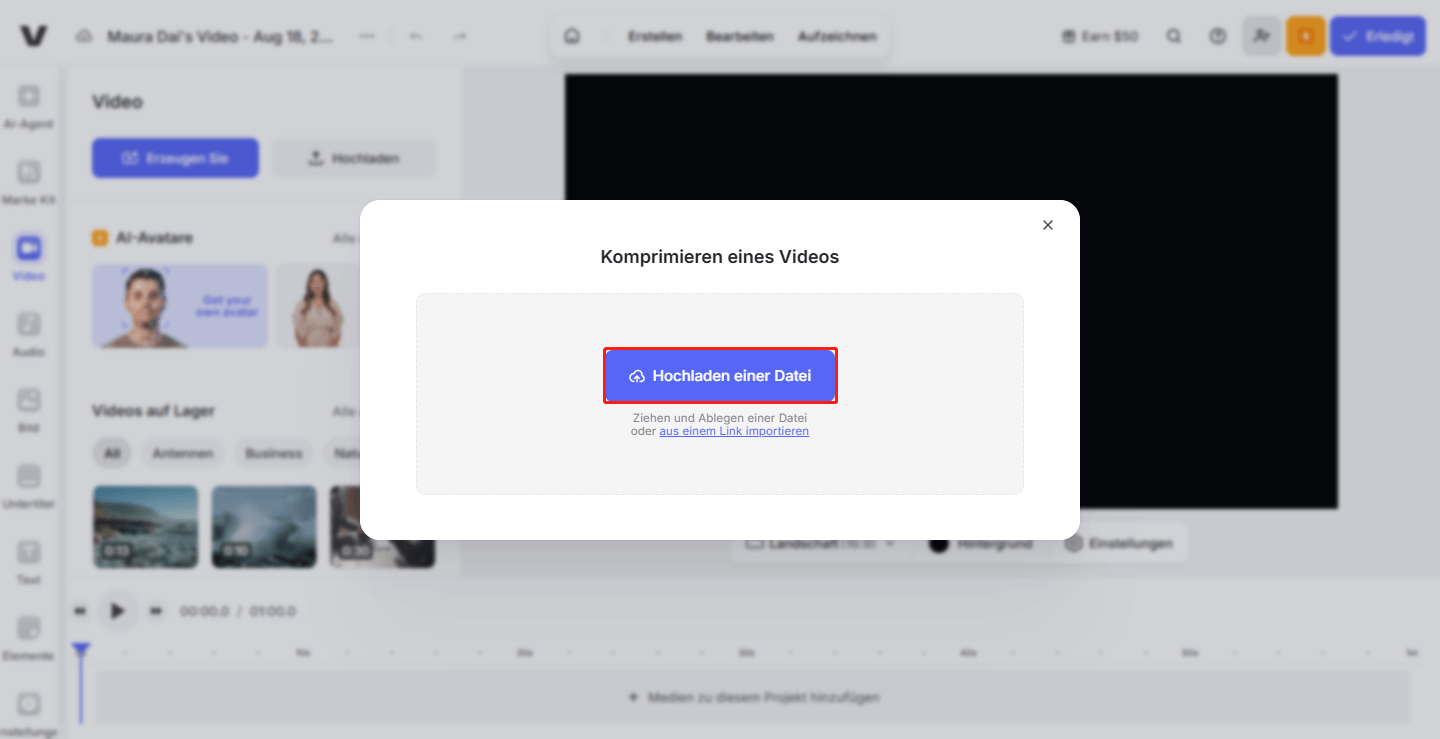 klicken Sie auf „Hochladen einer Datei“, um ein Video auf VEED.IO hochzuladen