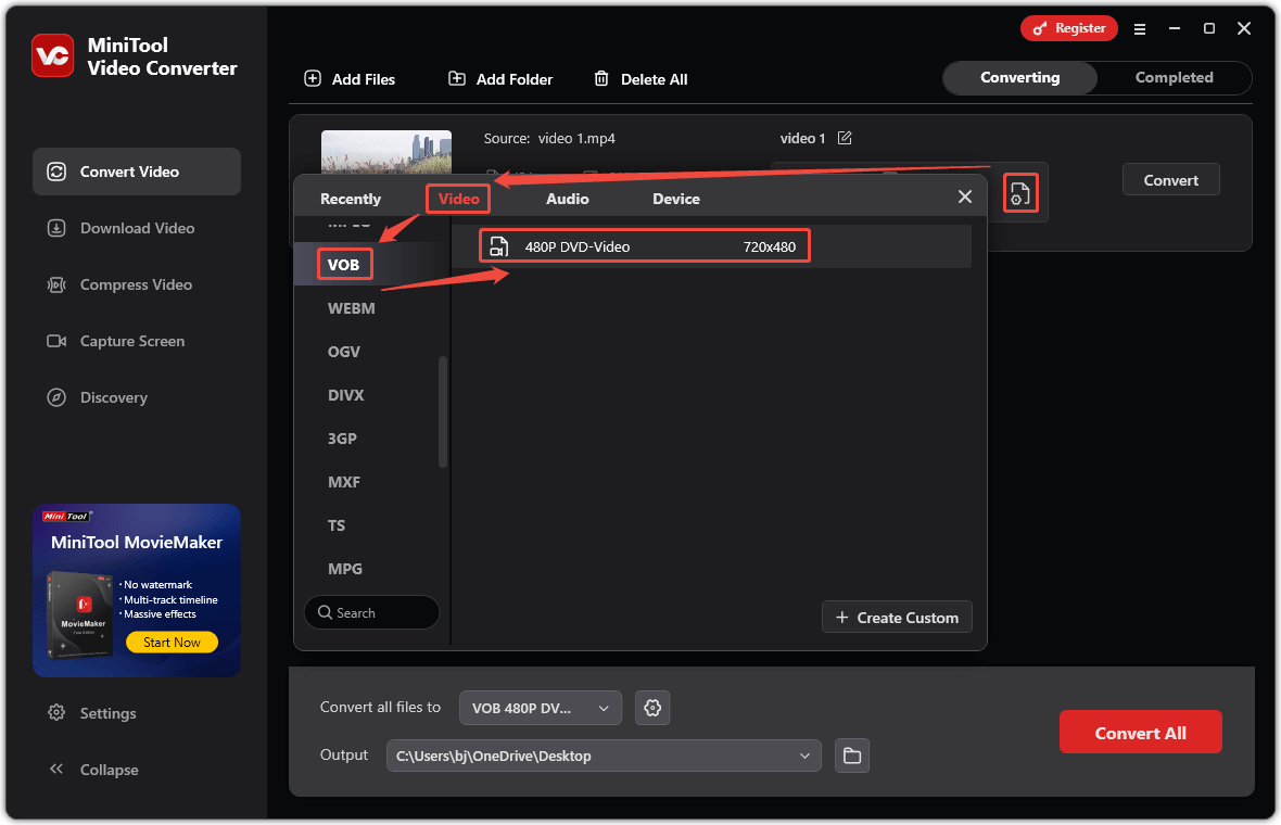 In MiniTool Video Converter’s settings window, click on the gear icon, click the Video tab in the pop-up window, choose the VOB format, and select a resolution for the converted video