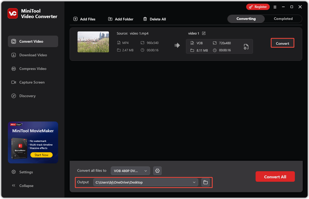 In MiniTool Video Converter, expand the Output option to set a save location and click on the Convert option to begin conversion