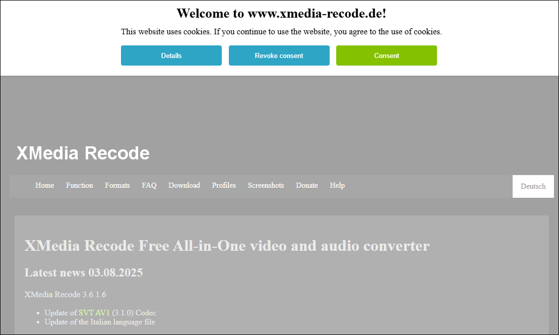 The website interface of XmediaRecode