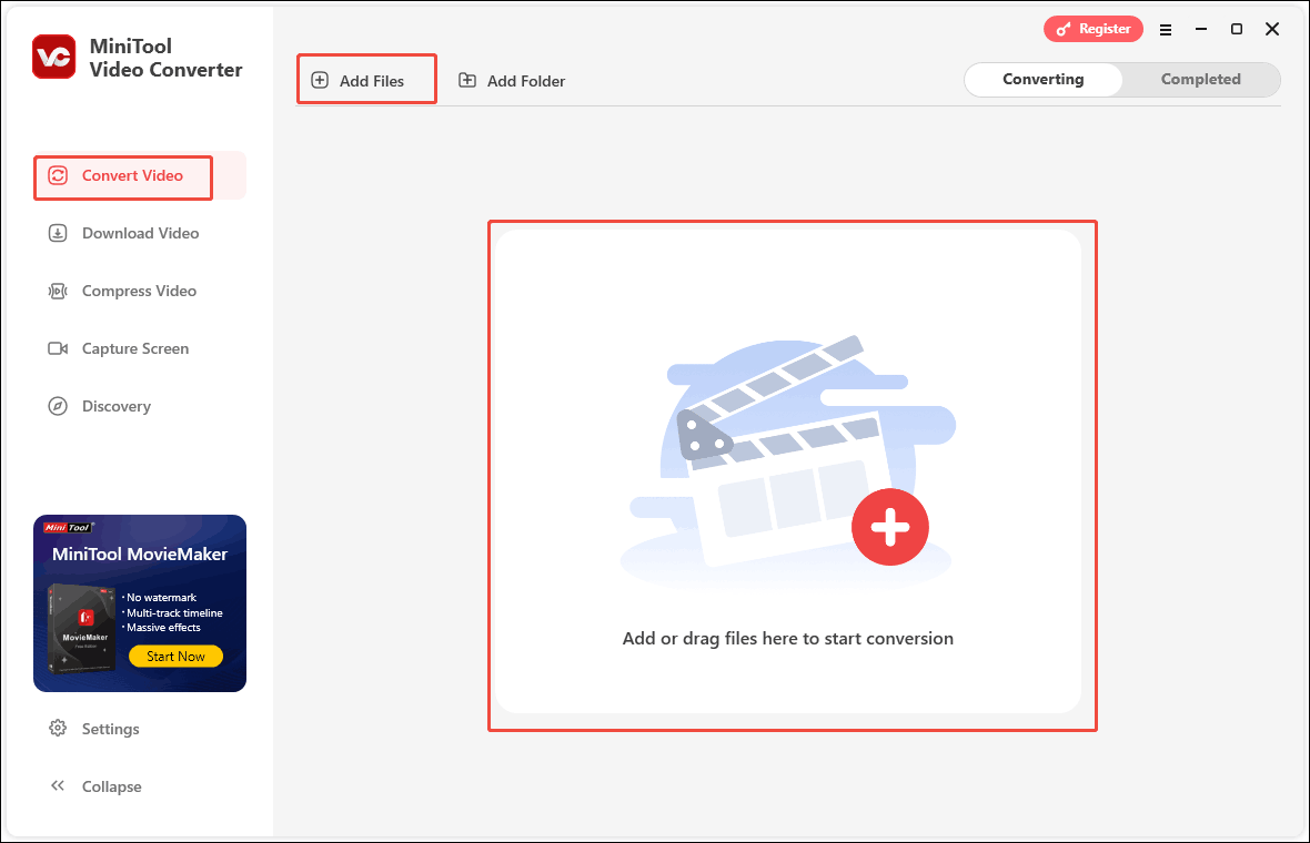Click the Add Files to import your video file or drag it into the Add or drag files here to start conversion area in MiniTool Video Converter