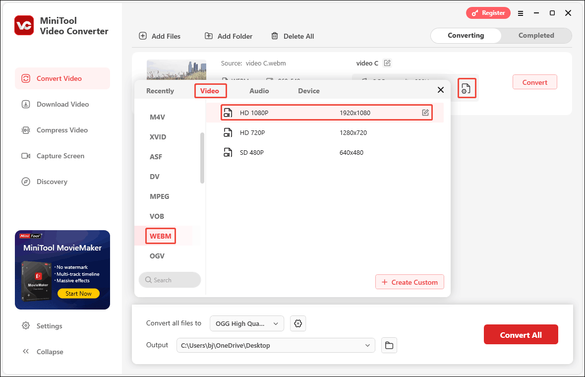 In MiniTool Video Converter’s settings window, customize the WEBM parameters