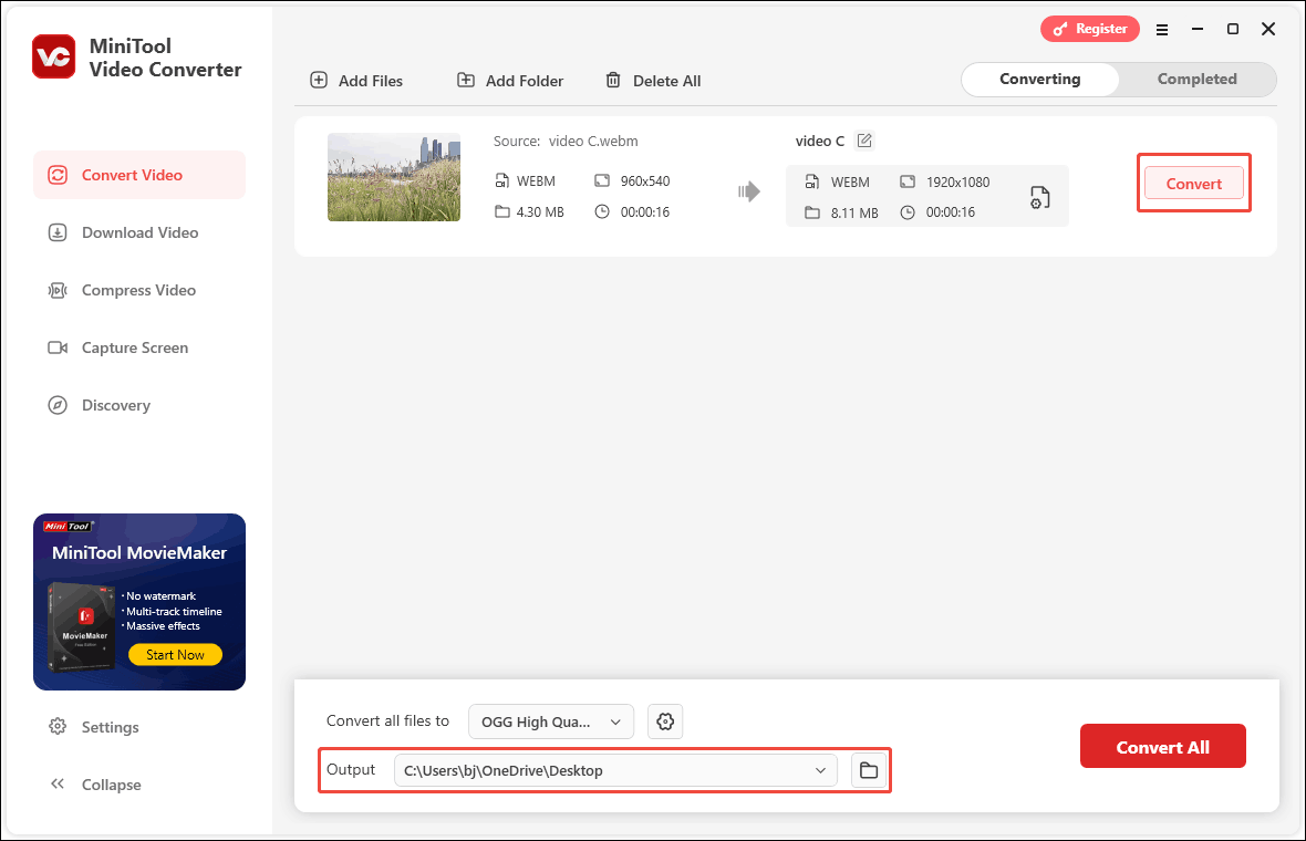 Click the Output option to choose the converted storage location and click the Convert option to start the conversion in MiniTool Video Converter