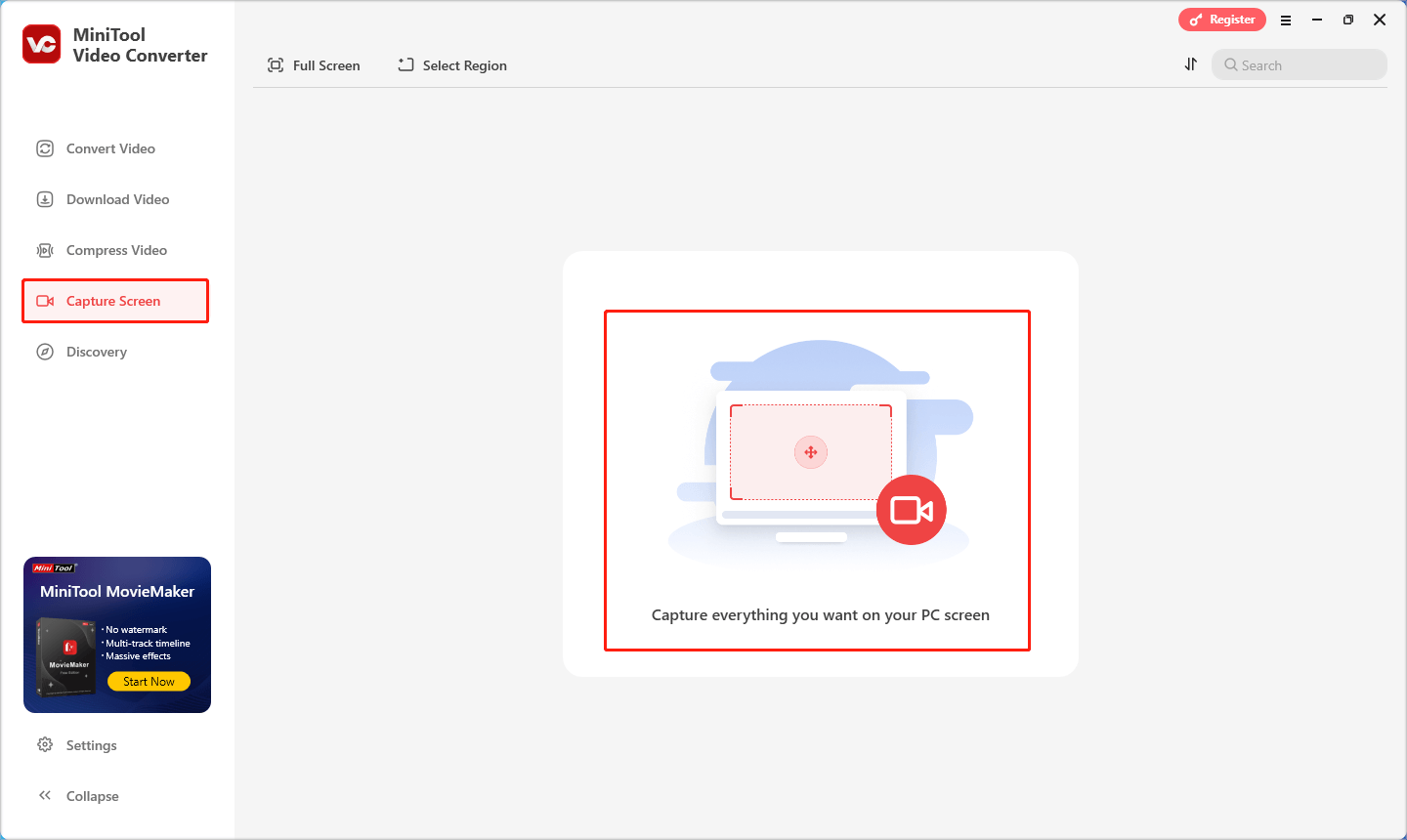 zum Aufrufen von MiniTool Screen Recorder klicken Sie in MiniTool Video Converter auf „Bildschirm aufnehmen“ und dann auf den mittleren Bereich