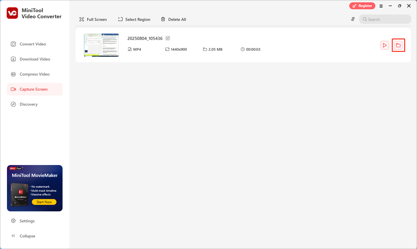 zum Finden und Überprüfen der Aufnahmedatei klicken Sie in MiniTool Video Converter auf das Ordnersymbol