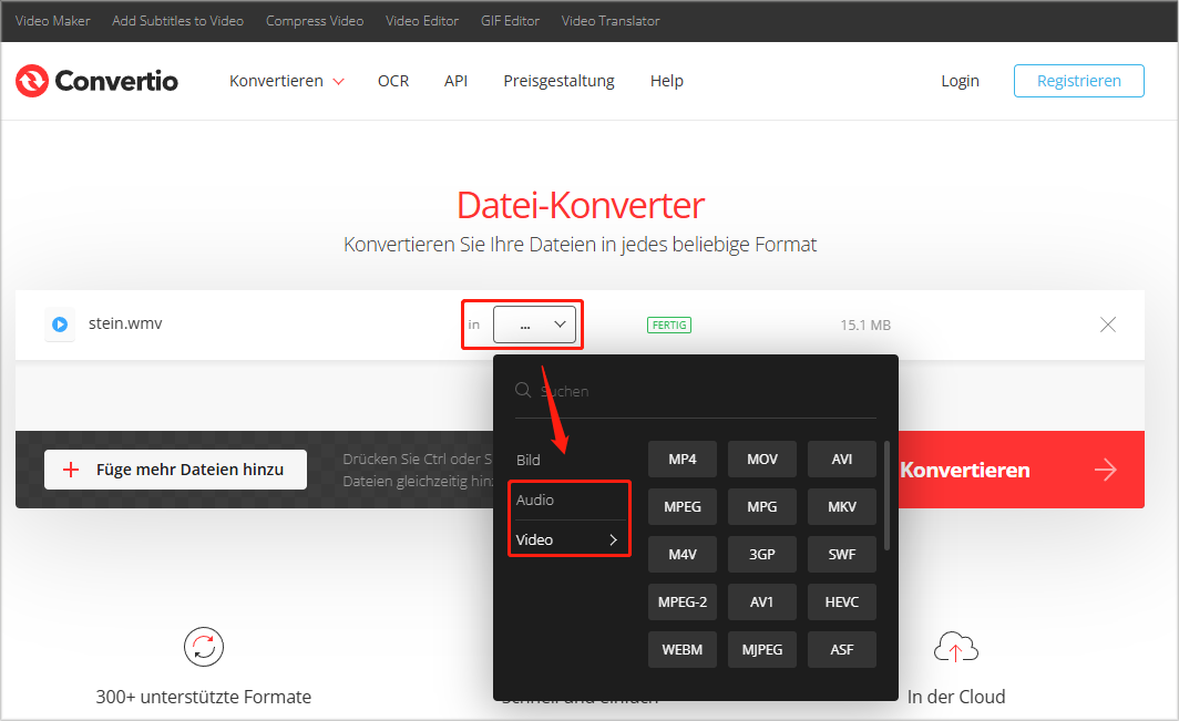 Menü „in“ bei Convertio erweitern und das gewünschte Ausgabeformat unter Audio/Video auswählen