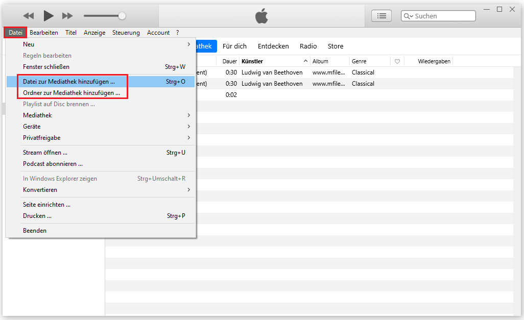 zum Importieren von Dateien wählen Sie in iTunes entweder „Datei zur Mediathek hinzufügen“ oder „Ordner zur Mediathek hinzufügen“