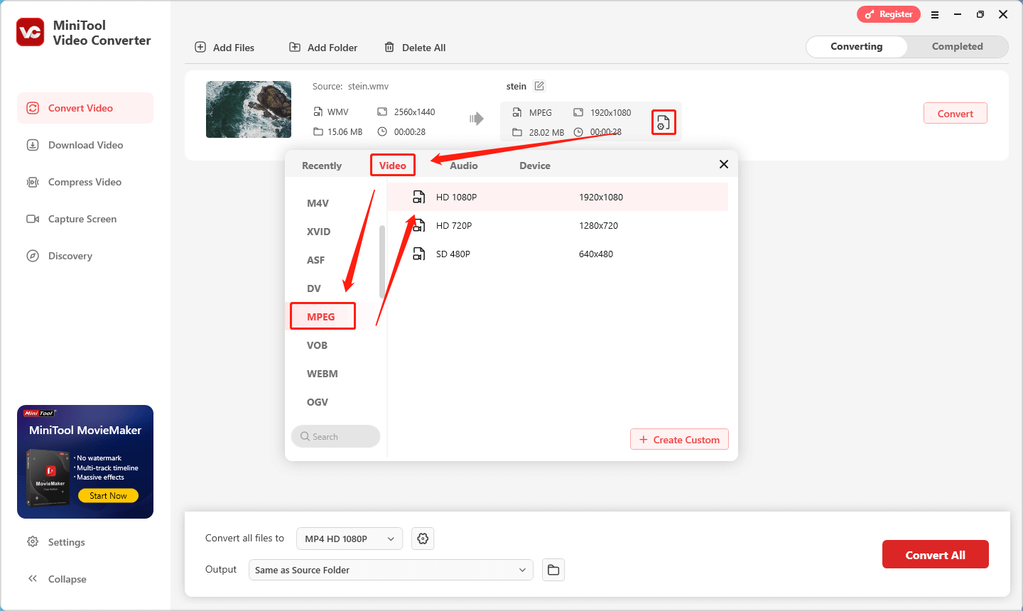 im geöffneten Ausgabeformatfenster wechseln Sie zur Registerkarte „Video“ und wählen „MPEG“ aus