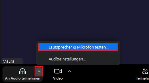 zur Audioüberprüfung klicken Sie im Meeting auf „An Audio teilnehmen“ und dann auf „Lautsprecher & Mikrofon testen“