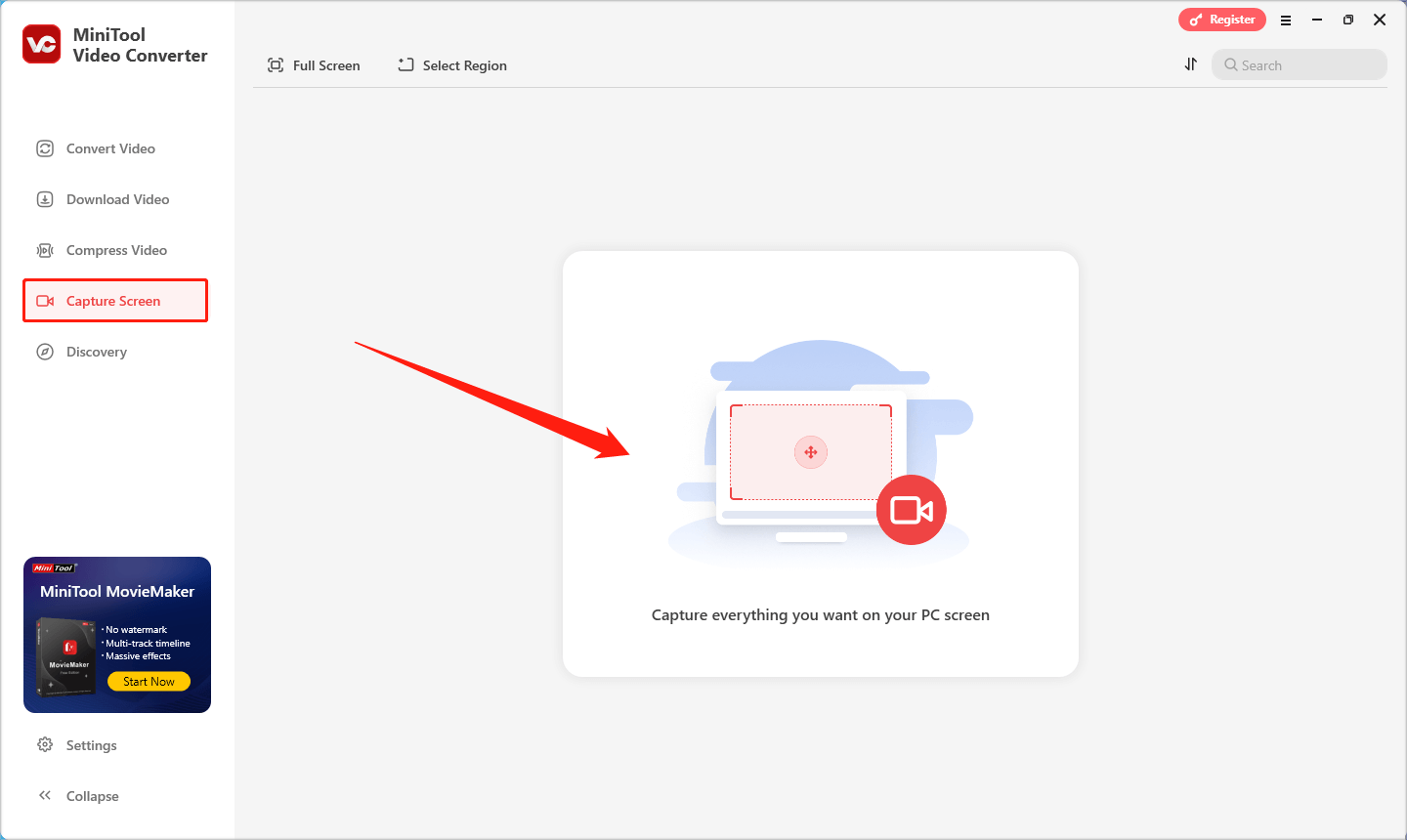 zum Öffnen des MiniTool Screen Recorders klicken Sie in MiniTool Video Converter auf „Bildschirm aufnehmen“ und dann in der Mitte des Fensters