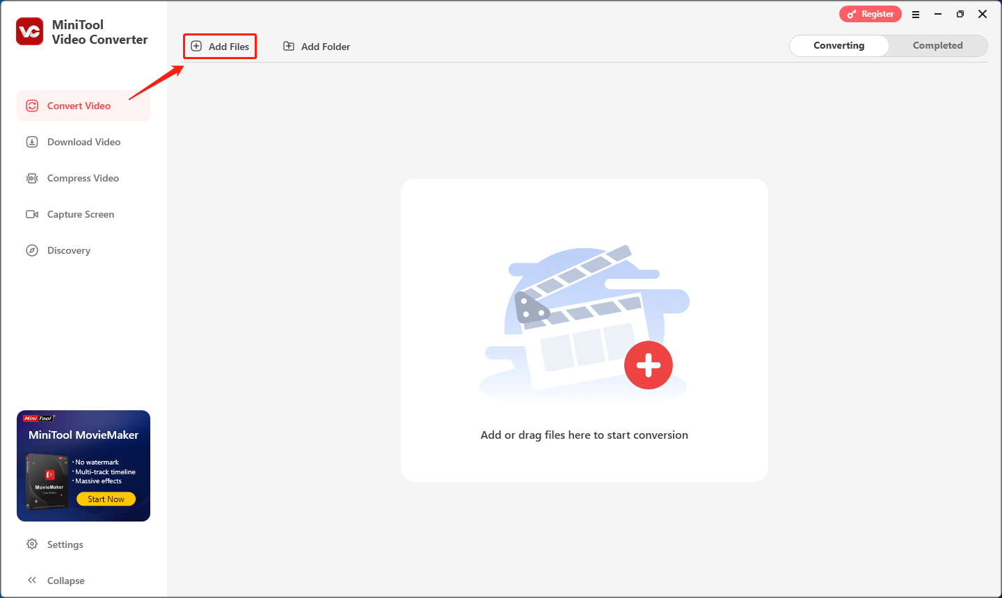 zum Importieren des 4K-Videos klicken Sie in MiniTool Video Converter auf „Dateien hinzufügen“