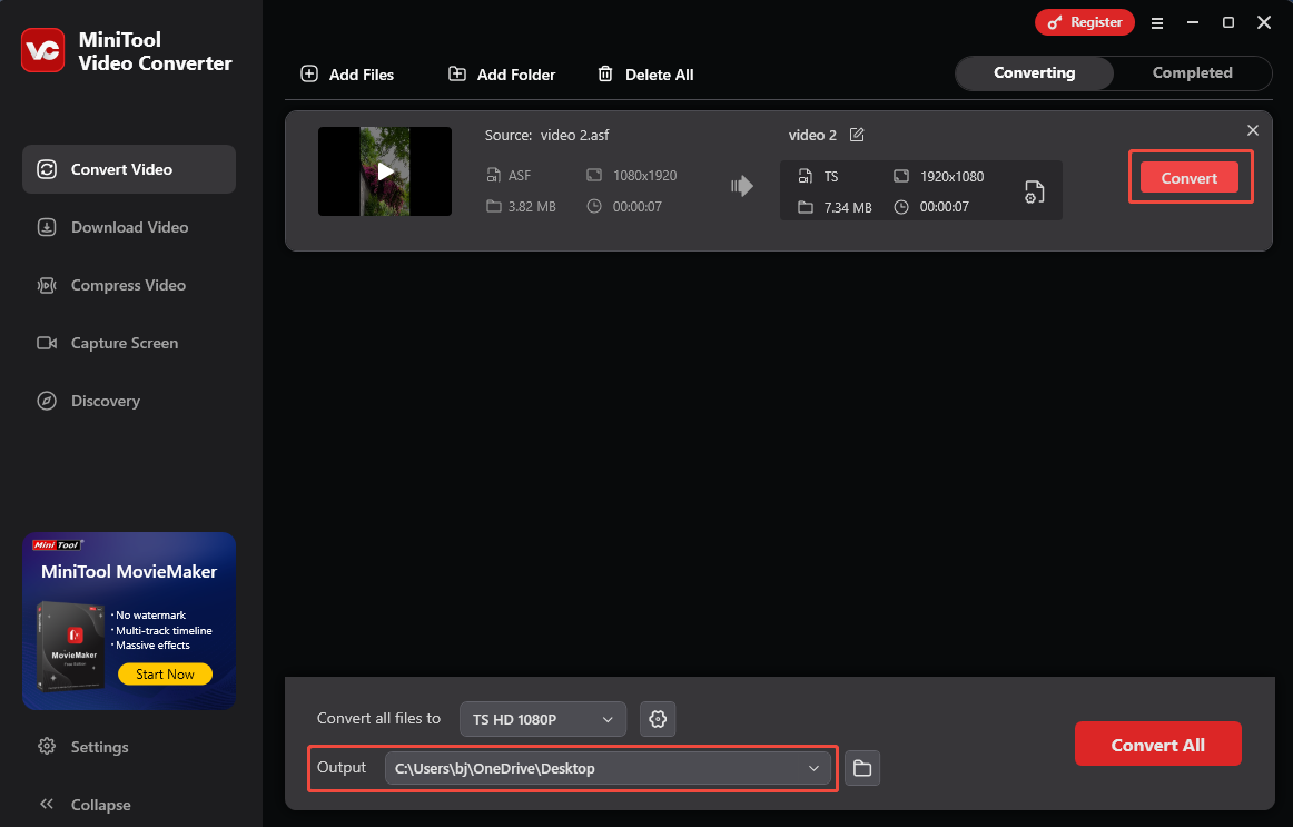 einen Speicherort aus dem Dropdown-Menü „Ausgabe“ wählen und auf „Konvertieren“ klicken