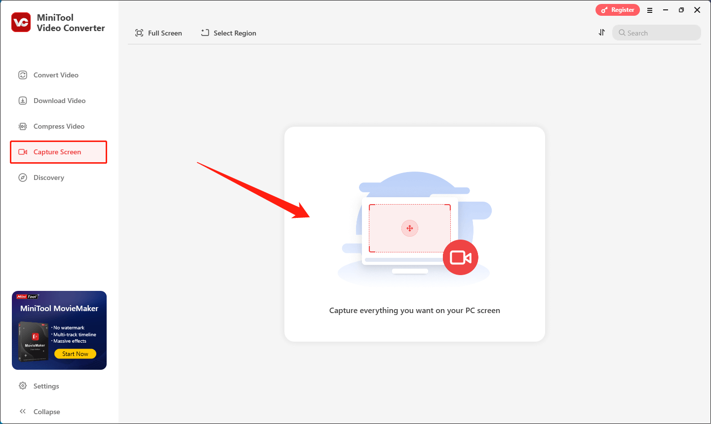 MiniTool Screen Recorder über einen Klick auf den mittleren Bereich des Fensters aufrufen