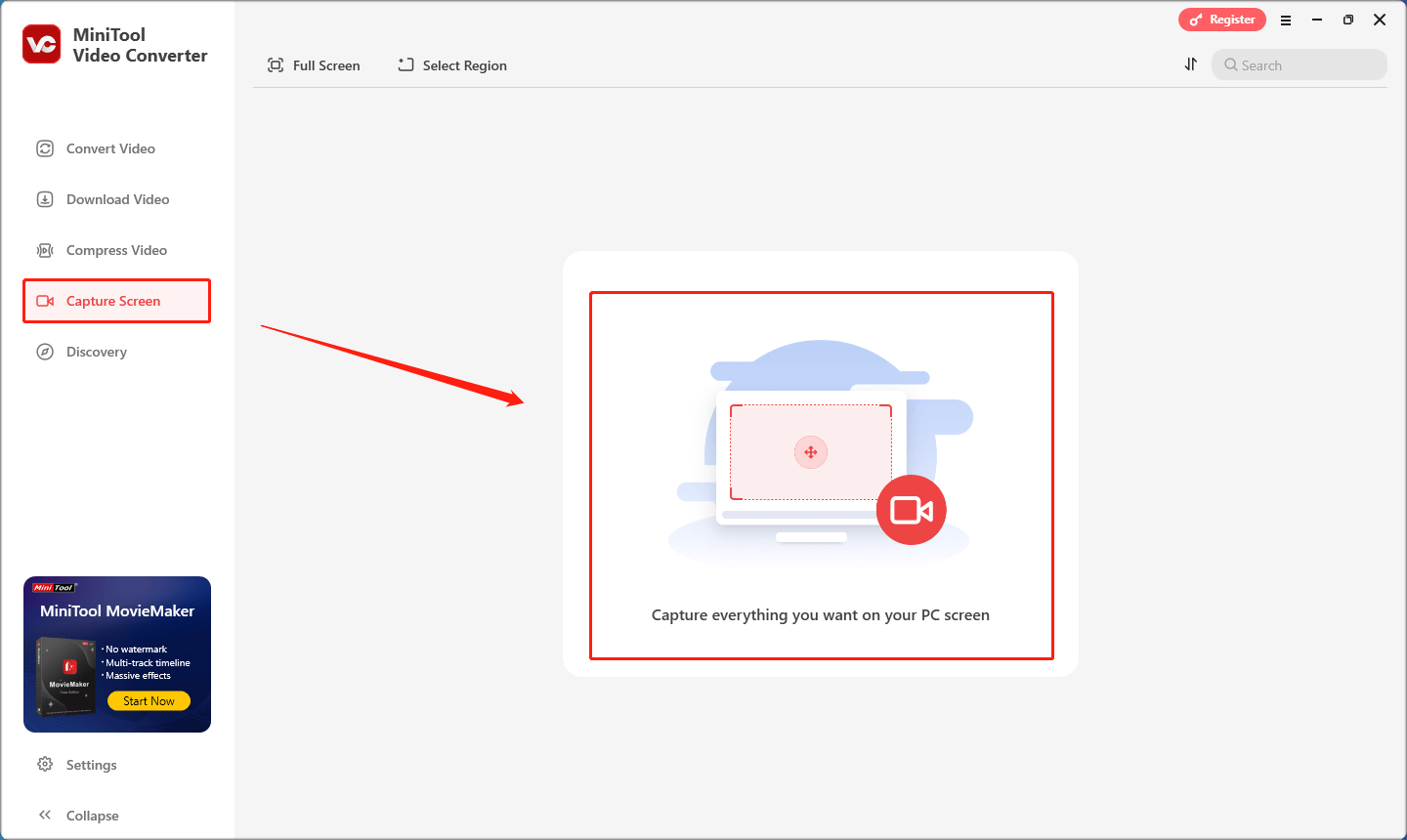 MiniTool Screen Recorder öffnen, indem Sie in MiniTool Video Converter auf „Bildschirm aufnehmen“ und dann auf den mittleren Bereich klicken