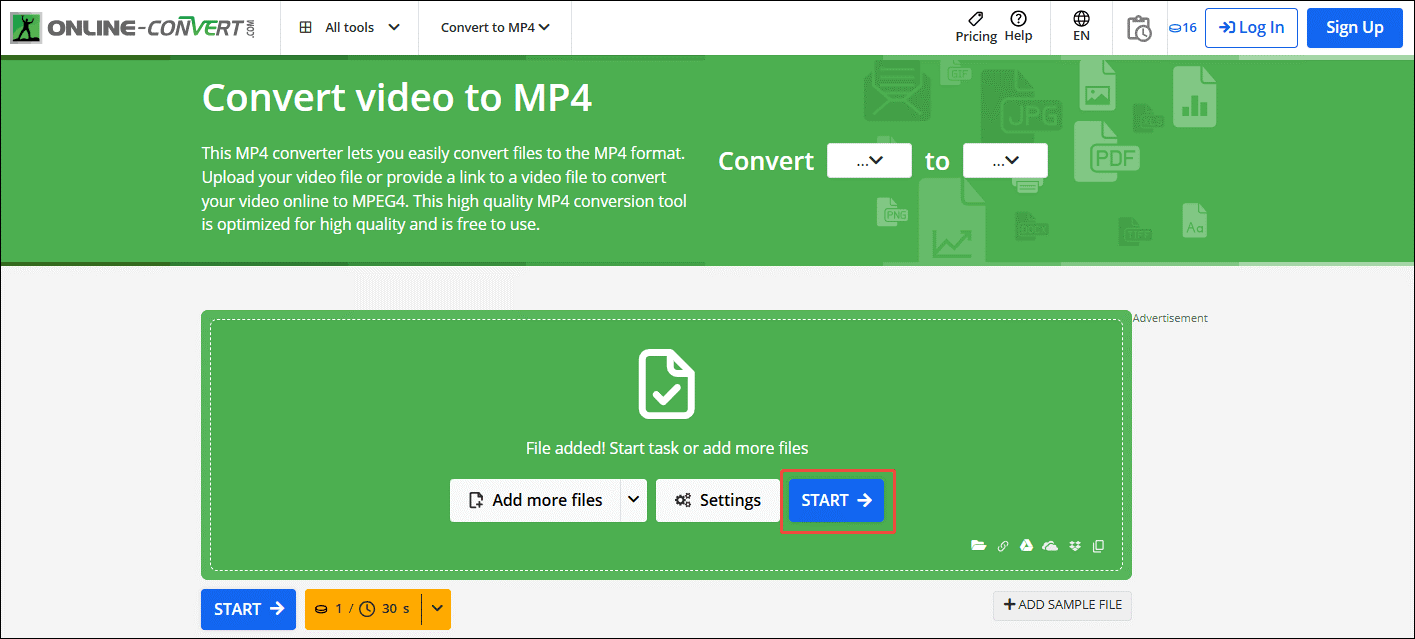 Click on START in Online-Convert to begin the conversion process