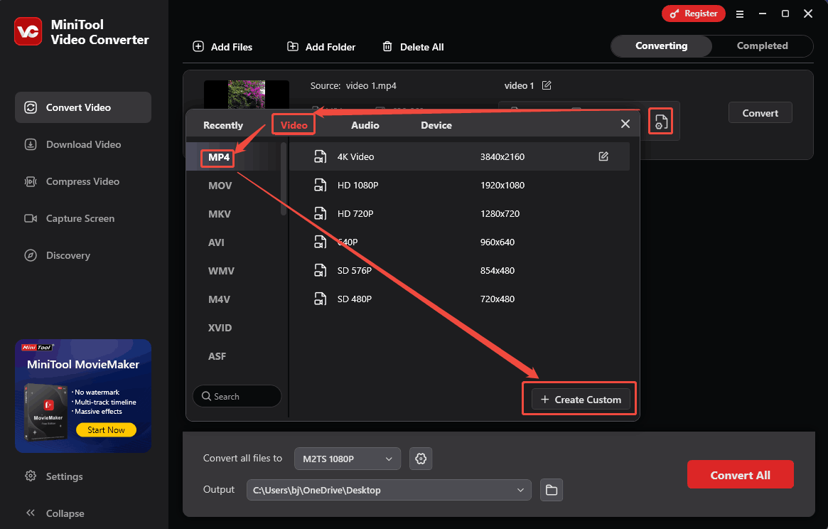 Click on +Create Custom in the output format window of MiniTool Video Converter to enter the Settings window