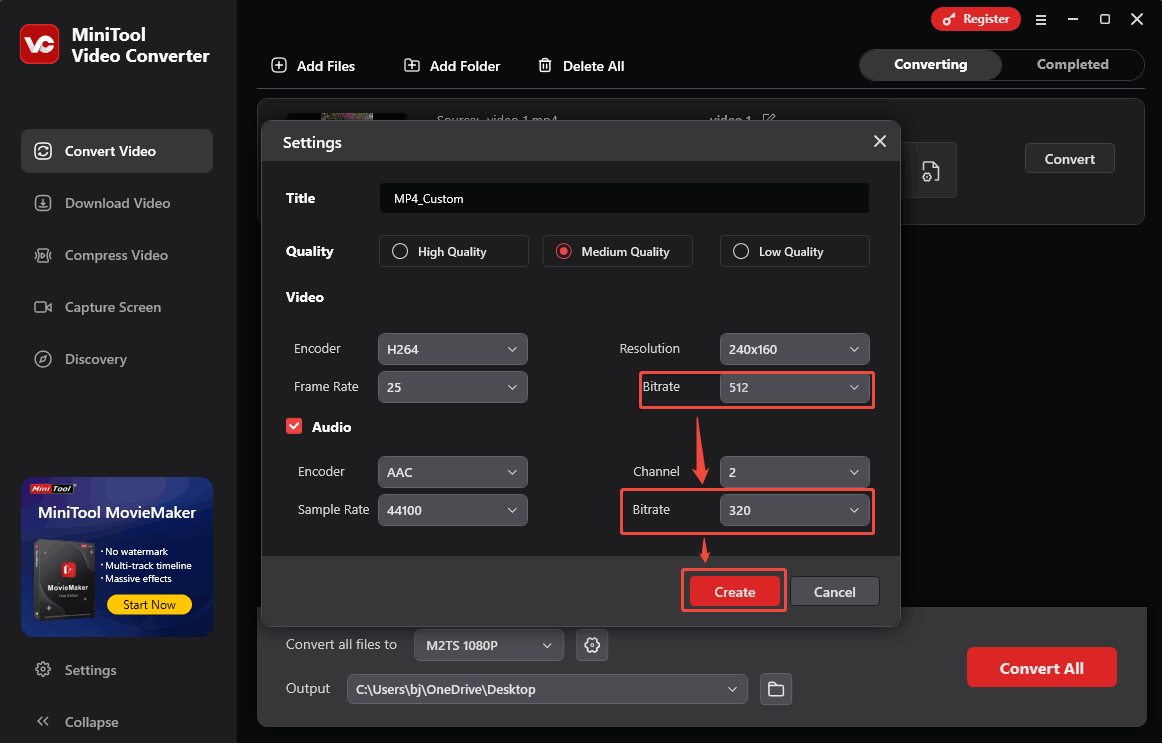 Customize the video quality and bitrate in the Settings window of MiniTool Video Converter